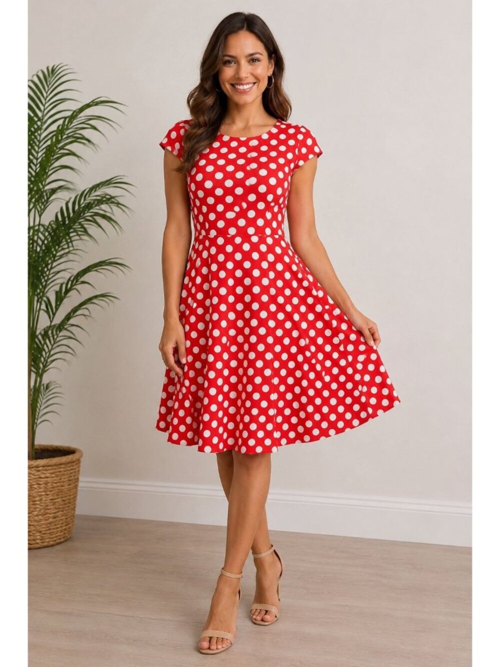DressyStar Vintage Red and White polka dot cap-sleeve swing dress Size XL Retro